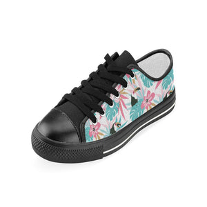 Toucan tropical flower leave pattern Kids' Boys' Girls' Low Top Canvas Shoes Black