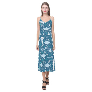 Cute shark pattern V-Neck Open Fork Long Dress