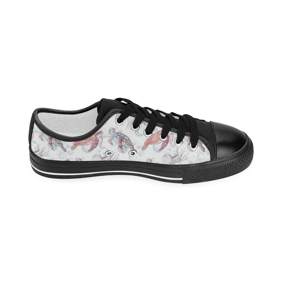 Watercolor sea turtle jellyfish pattern Women's Low Top Canvas Shoes Black