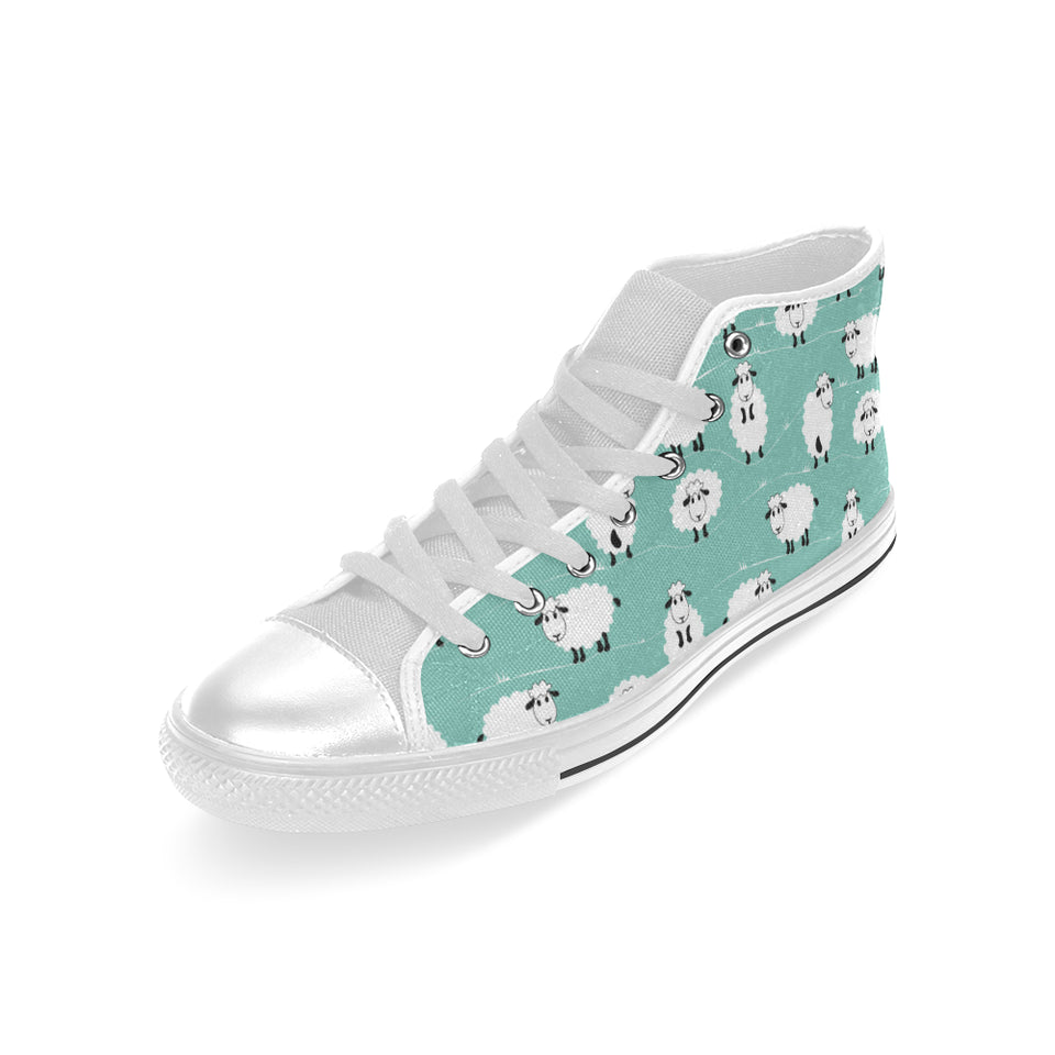 Cute sheep green background Men's High Top Canvas Shoes White