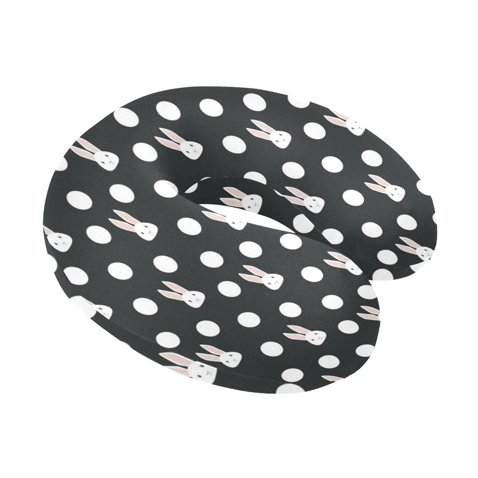 Cute white rabbit polka dots black background U-Shaped Travel Neck Pillow
