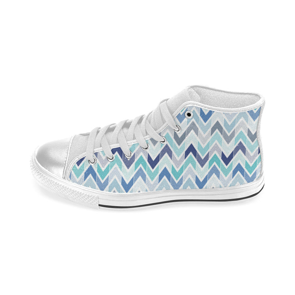 zigzag  chevron blue pattern Women's High Top Canvas Shoes White