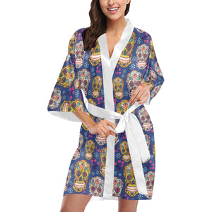 Sugar skull flower pattern Women's Short Kimono Robe