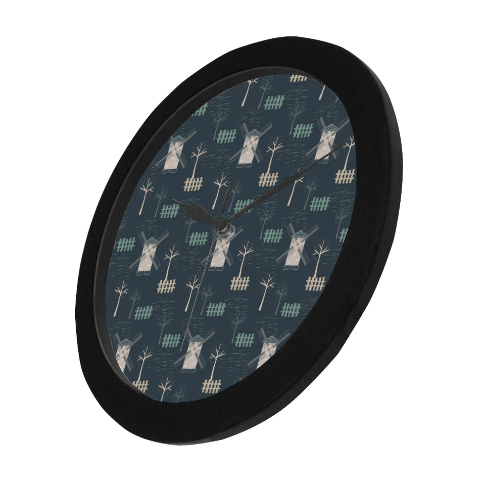 windmill tree pattern Elegant Black Wall Clock