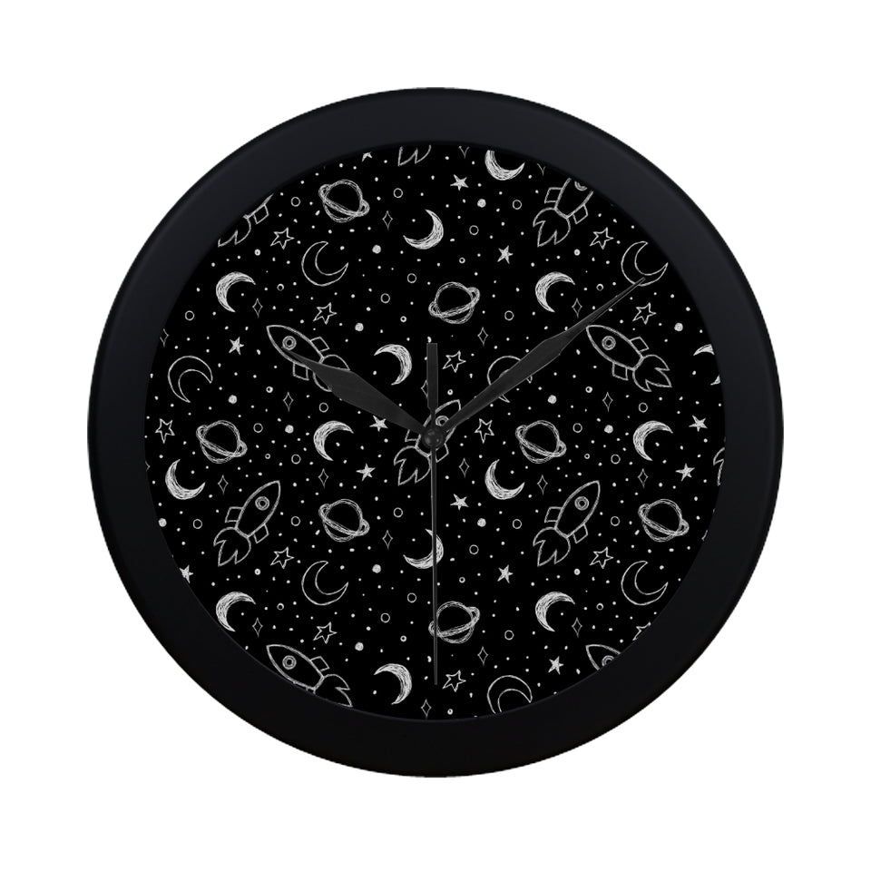 Hand drawn space rocket star planet Elegant Black Wall Clock