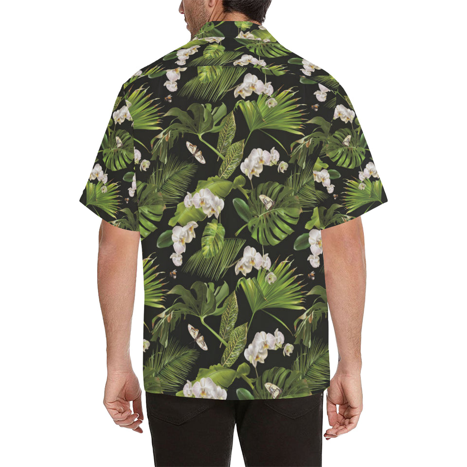 White orchid flower tropical leaves pattern blackg Men's All Over Print Hawaiian Shirt