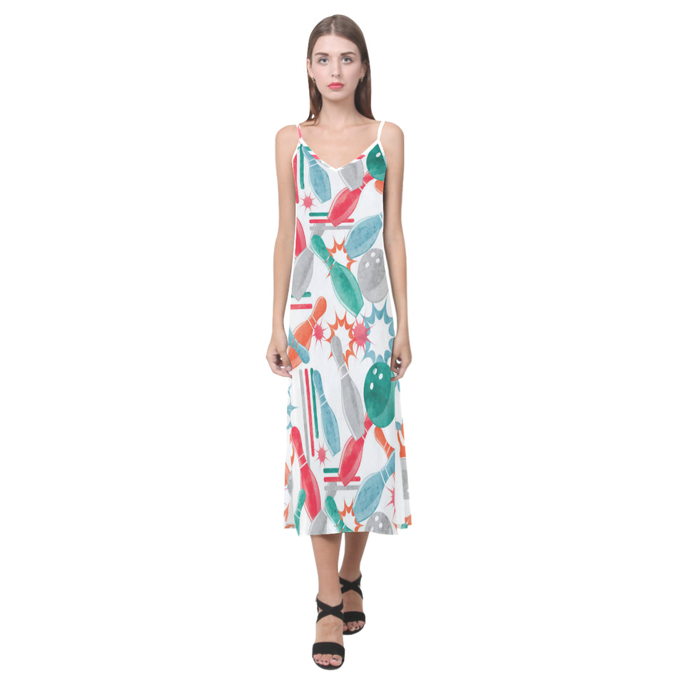 Watercolor bowling pattern V-Neck Open Fork Long Dress