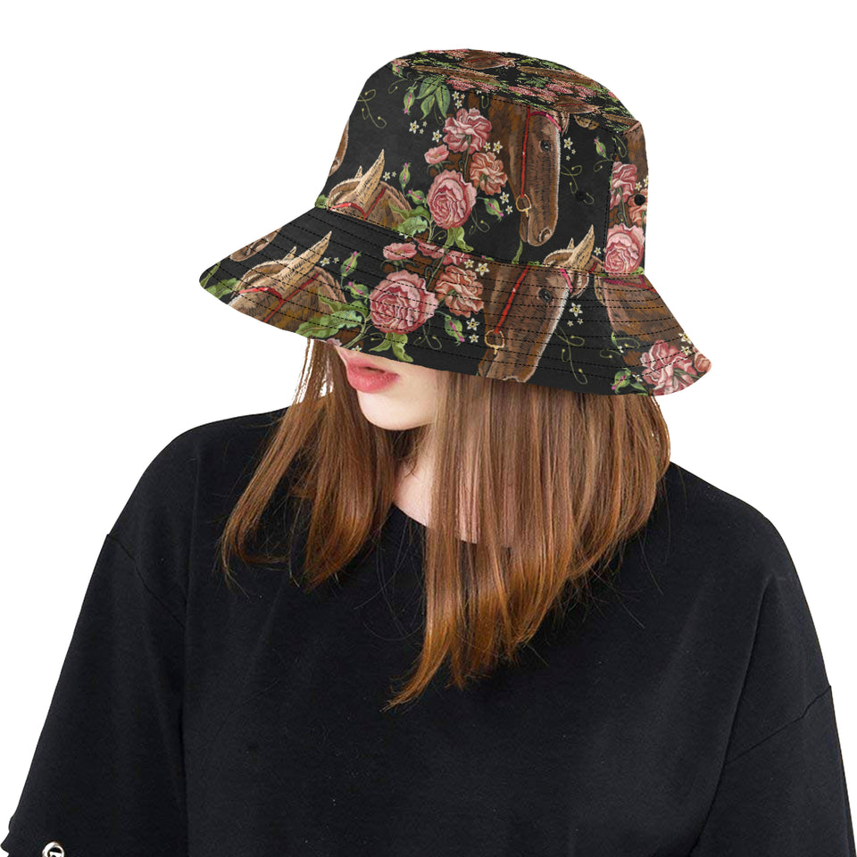 Horse head wild roses pattern Unisex Bucket Hat