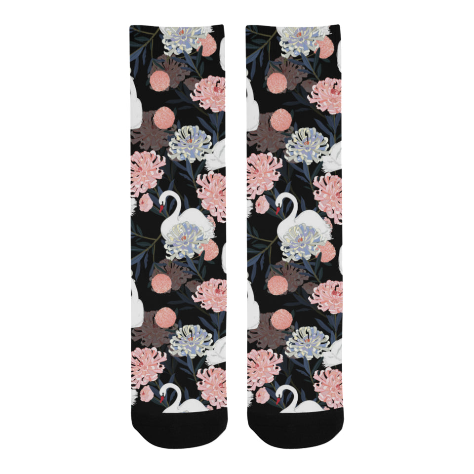 white swan blooming flower pattern Crew Socks