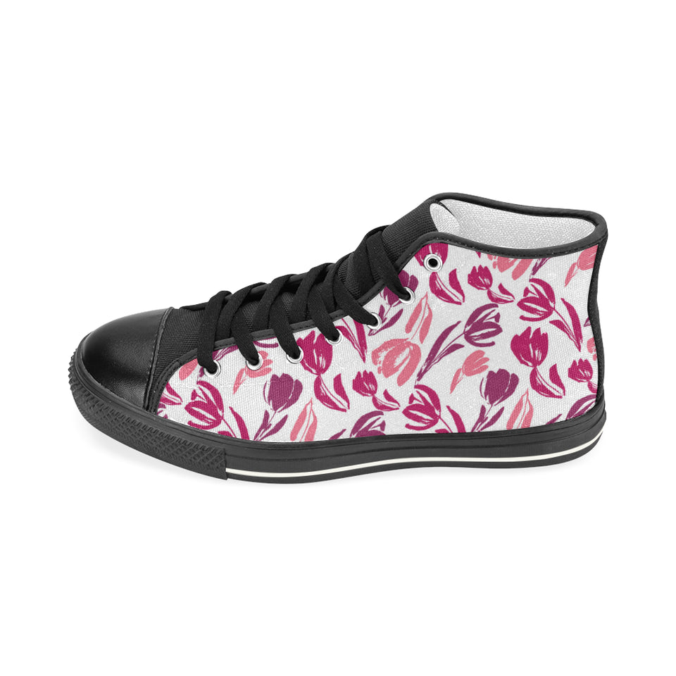 pink sketch tulip pattern Women's High Top Canvas Shoes Black