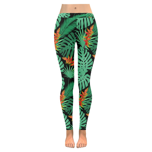 heliconia flower palm monstera leaves black backgr Women's Legging Fulfilled In US