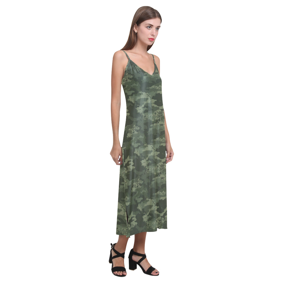 Digital Green camouflage pattern V-Neck Open Fork Long Dress