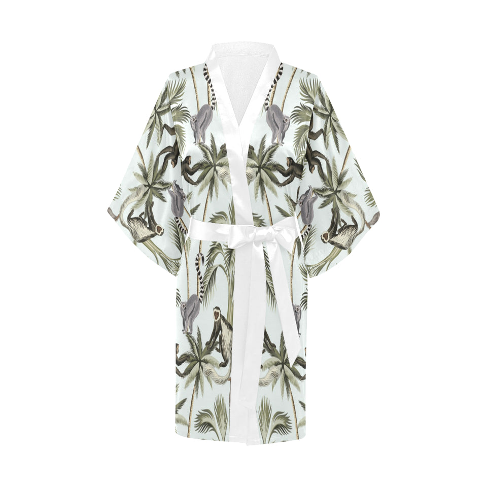 Monkey sloth lemur palm trees pattern Women's Short Kimono Robe