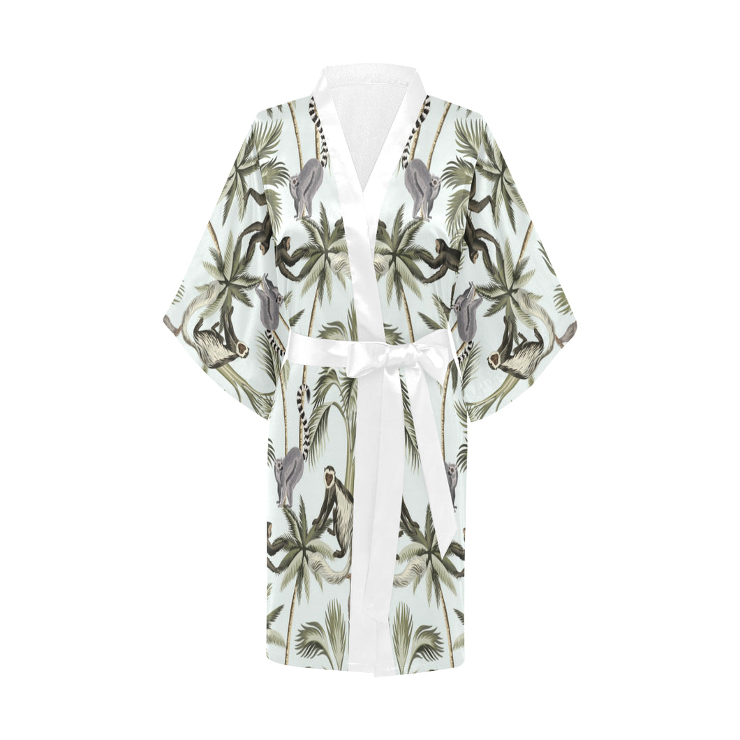 Monkey sloth lemur palm trees pattern Women's Short Kimono Robe