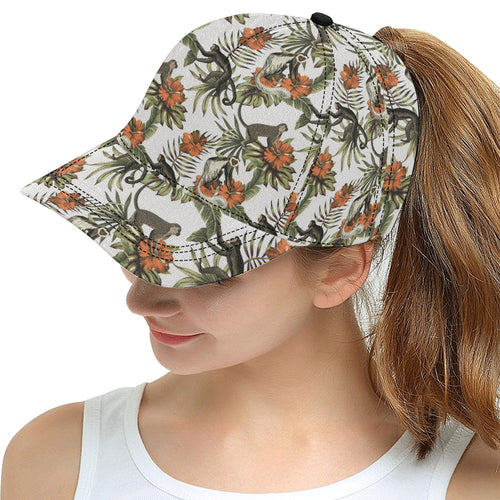 Monkey red hibiscus flower palm leaves floral patt All Over Print Snapback Cap