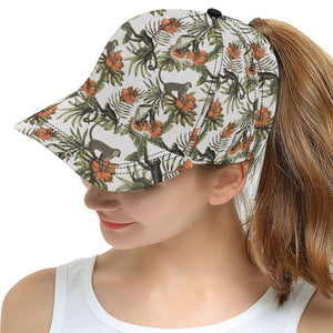 Monkey red hibiscus flower palm leaves floral patt All Over Print Snapback Cap