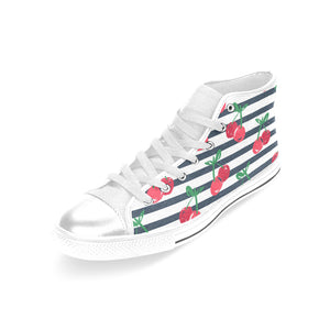 Hand drawn cherry pattern striped background Women's High Top Canvas Shoes White