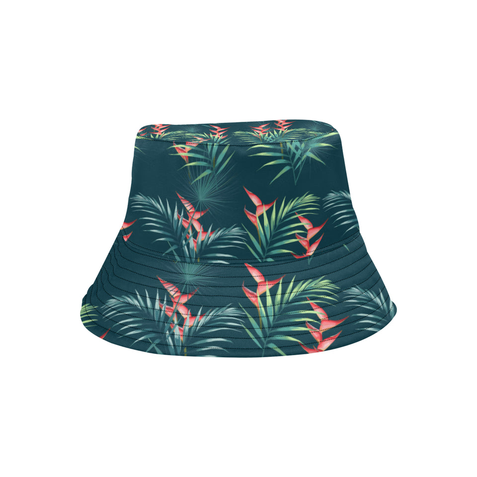 heliconia flowers, palm and monstera leaves on bla Unisex Bucket Hat