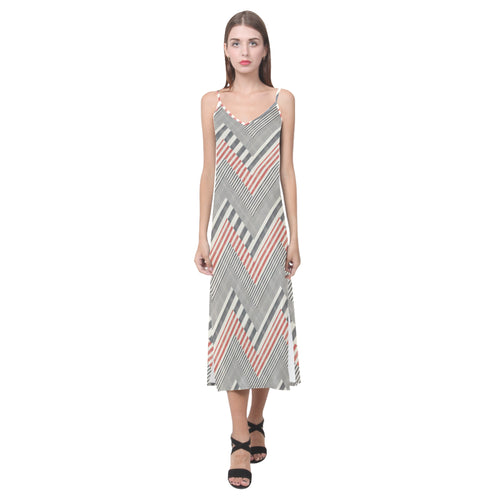 zigzag chevron striped pattern V-Neck Open Fork Long Dress