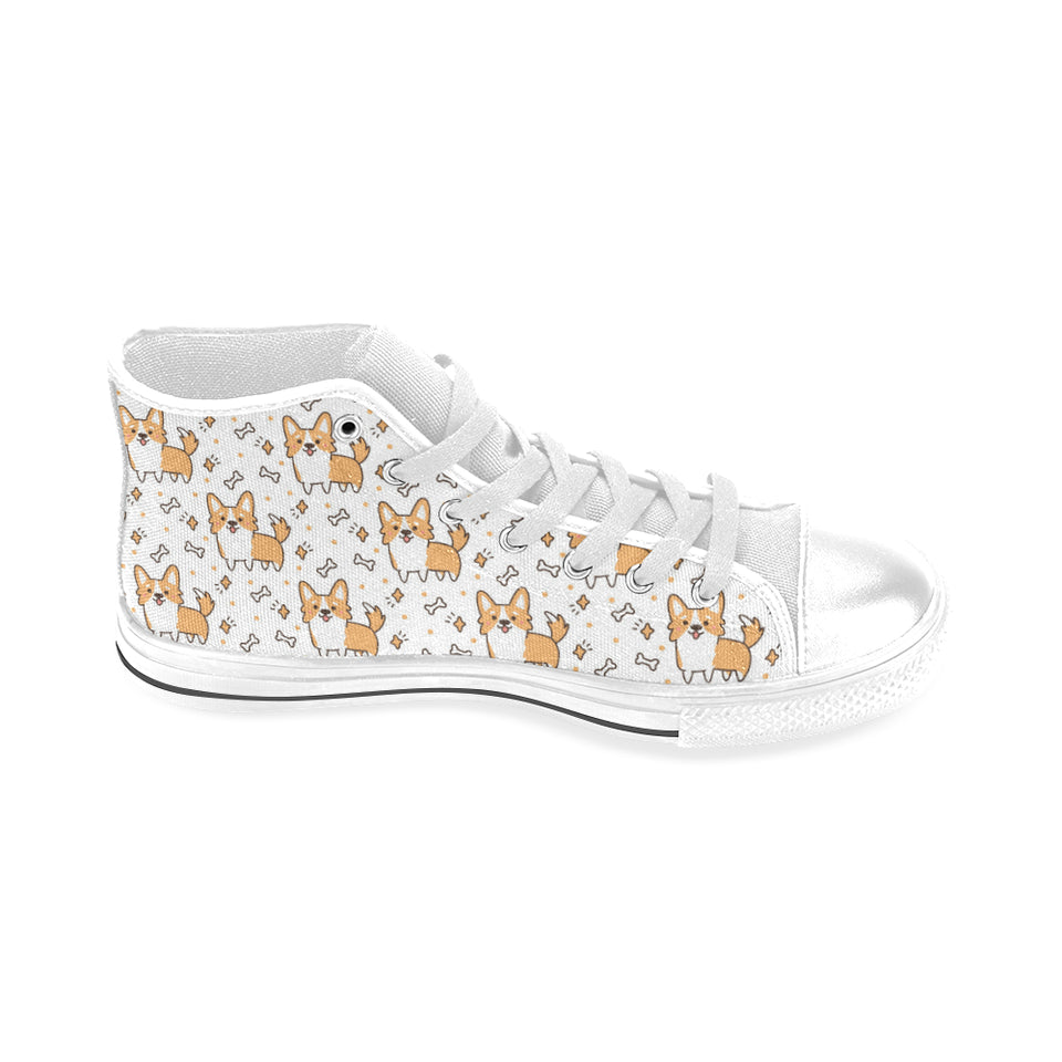 Cute corgi heart star bone pattern Men's High Top Canvas Shoes White