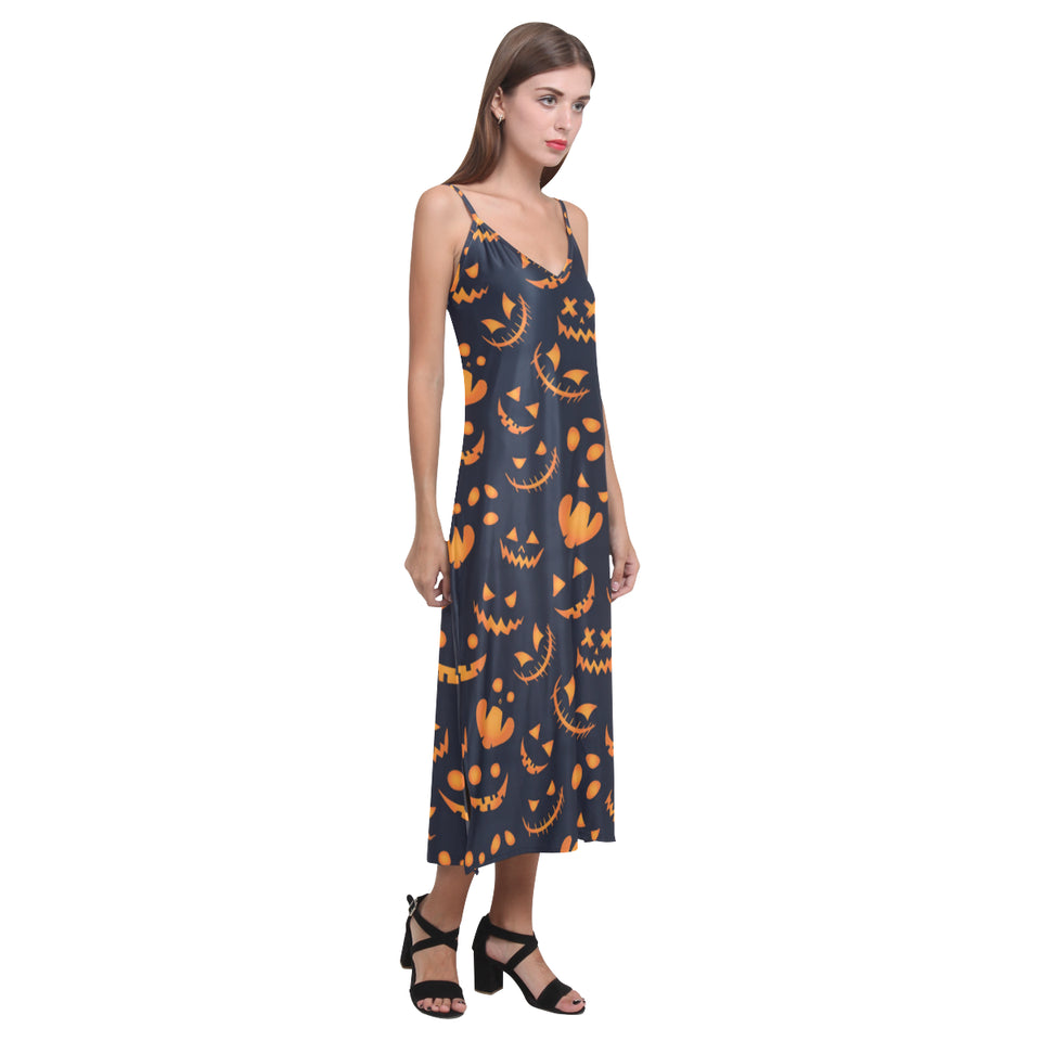 Halloween pattern Pumpkin background V-Neck Open Fork Long Dress
