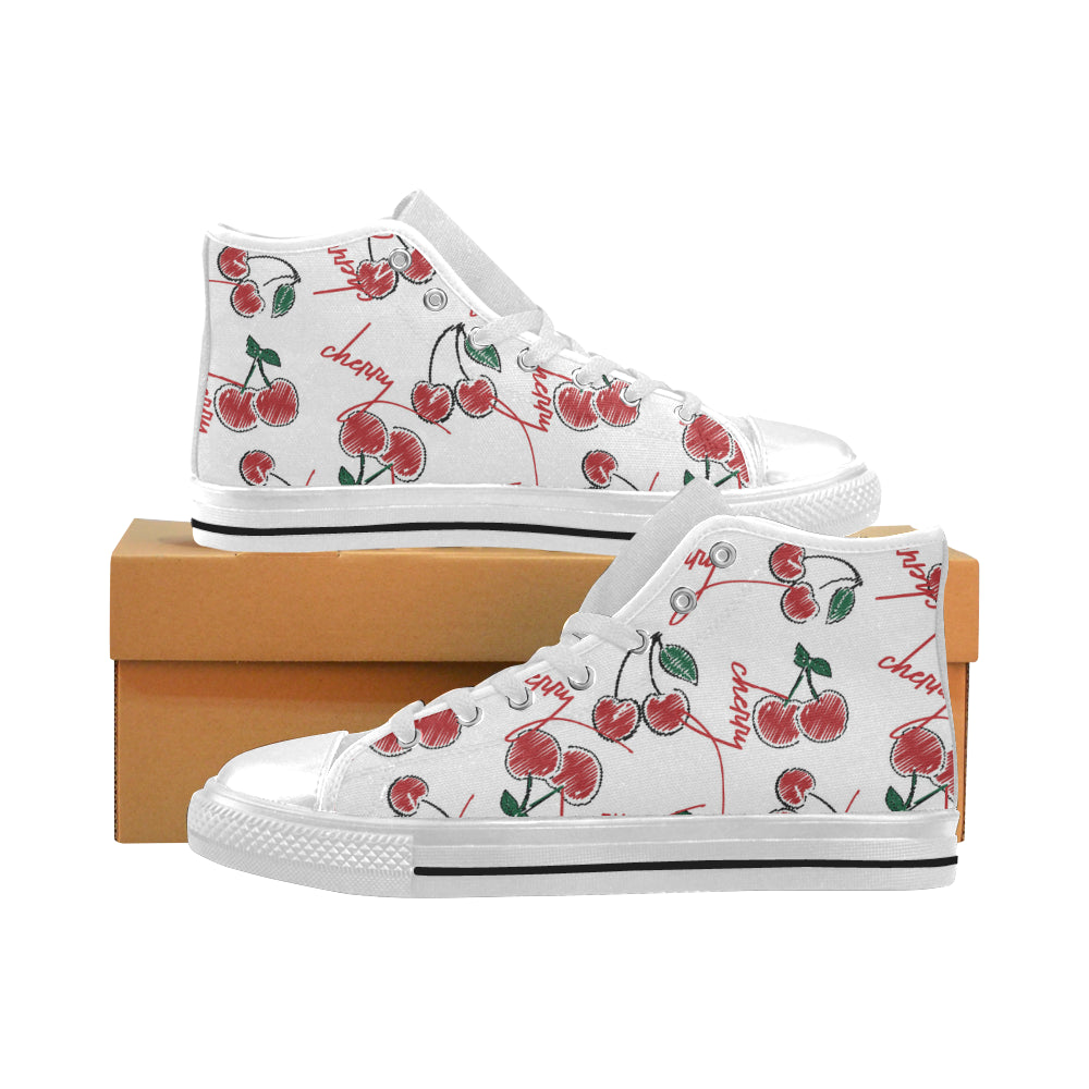 Hand drawn cherry pattern Men's High Top Canvas Shoes White