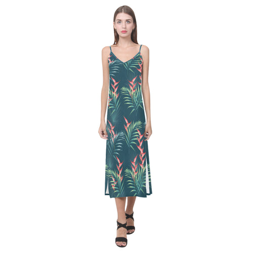 heliconia flowers, palm and monstera leaves on bla V-Neck Open Fork Long Dress