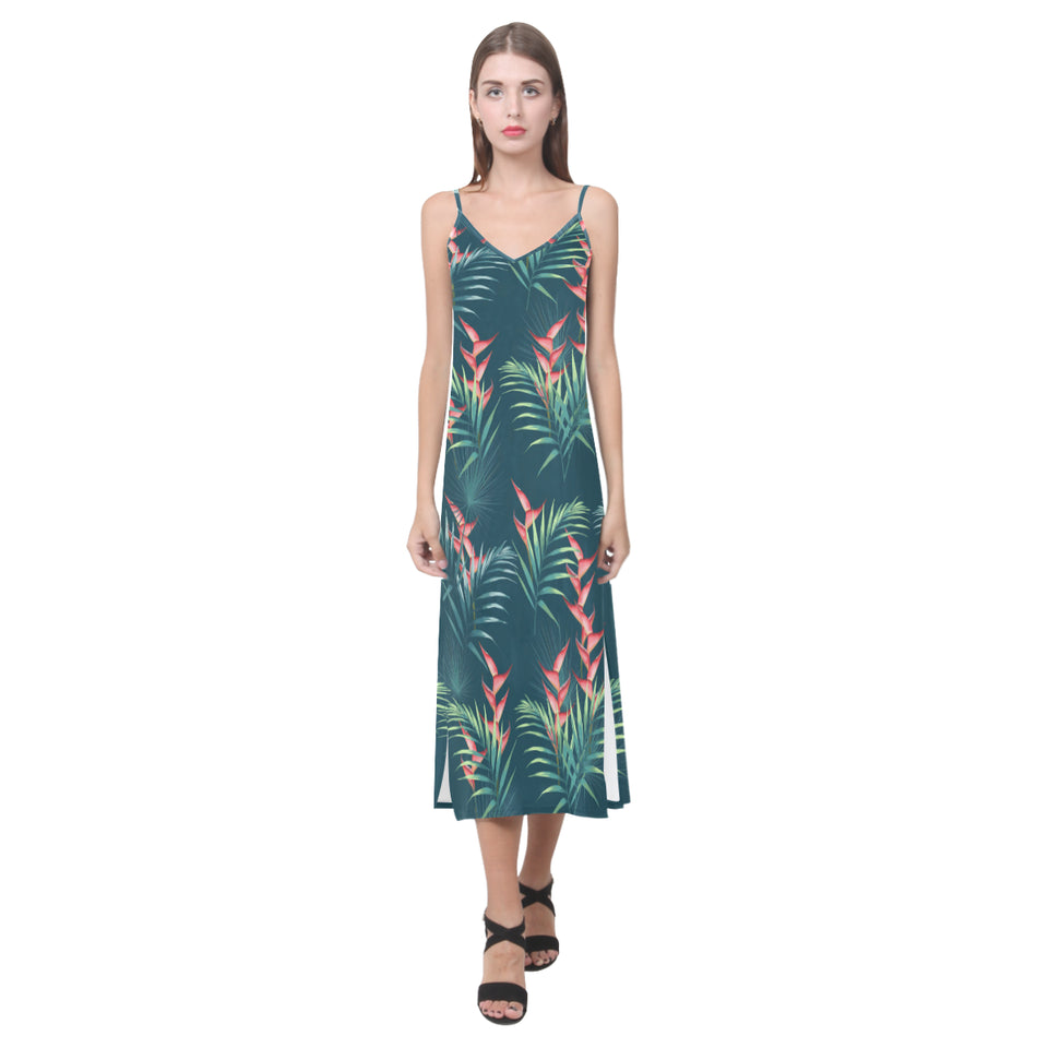 heliconia flowers, palm and monstera leaves on bla V-Neck Open Fork Long Dress