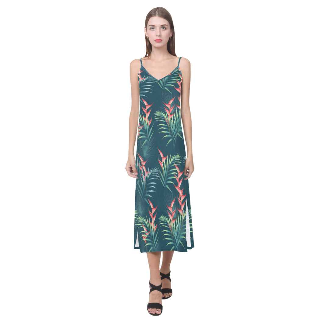 heliconia flowers, palm and monstera leaves on bla V-Neck Open Fork Long Dress