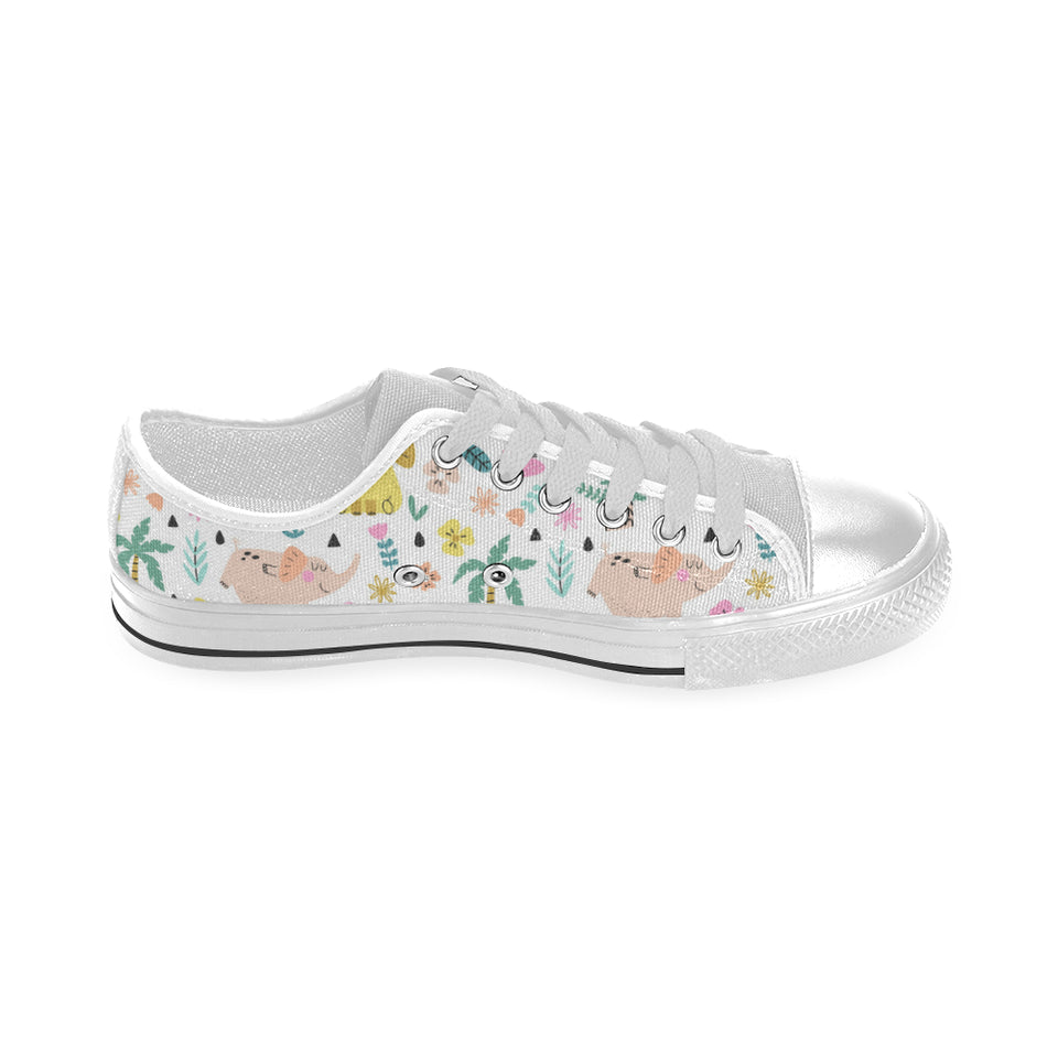 Cute elephants palm tree flower butterfly pattern Men's Low Top Canvas Shoes White