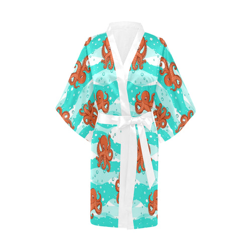 Octopuses sea wave background Women's Short Kimono Robe