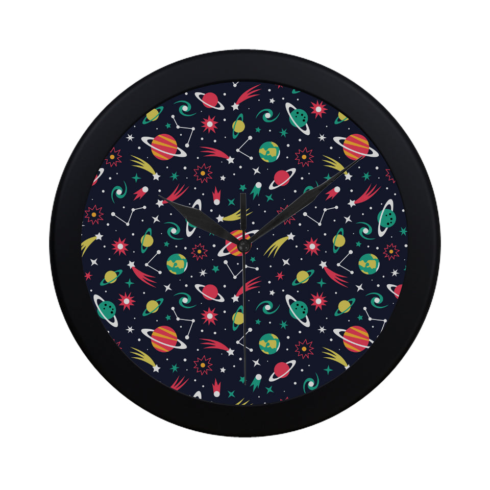 colorful space pattern planet star Elegant Black Wall Clock