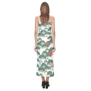 Bonsai red sun japanese pattern V-Neck Open Fork Long Dress