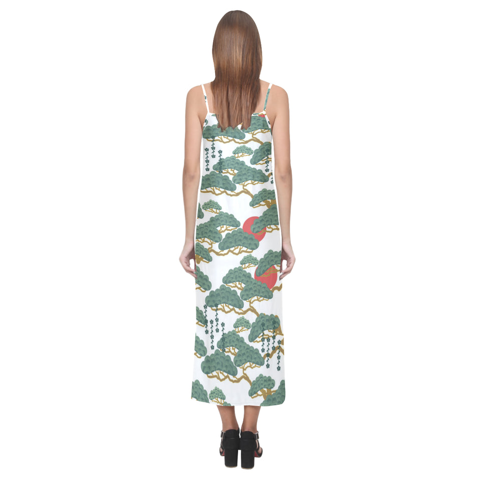 Bonsai red sun japanese pattern V-Neck Open Fork Long Dress
