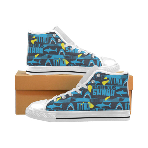 Shark dangerous Men's High Top Canvas Shoes White