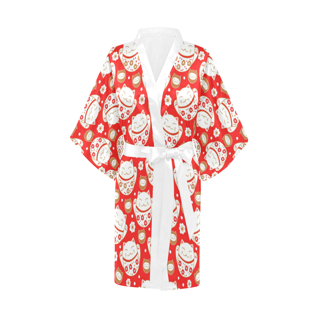 Cute Maneki neko cat red background Women's Short Kimono Robe