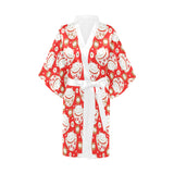 Cute Maneki neko cat red background Women's Short Kimono Robe