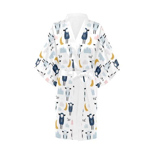Cute sleeping sheep moon cloud pattern Women's Short Kimono Robe