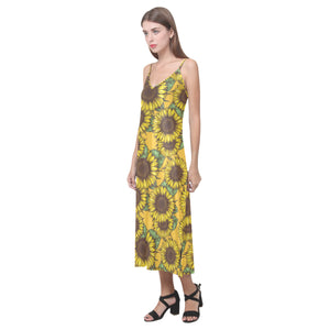 Sunflower pattern V-Neck Open Fork Long Dress