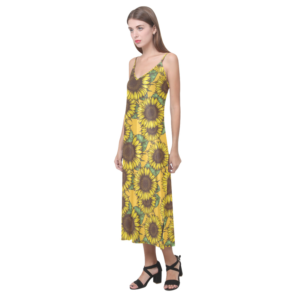 Sunflower pattern V-Neck Open Fork Long Dress