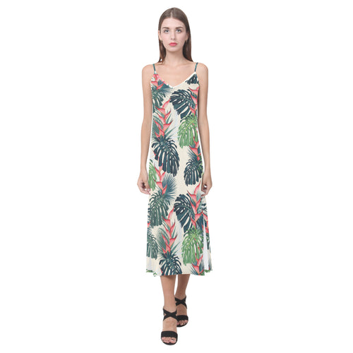 heliconia flowers, palm and monstera leaves V-Neck Open Fork Long Dress