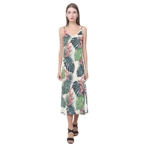 heliconia flowers, palm and monstera leaves V-Neck Open Fork Long Dress