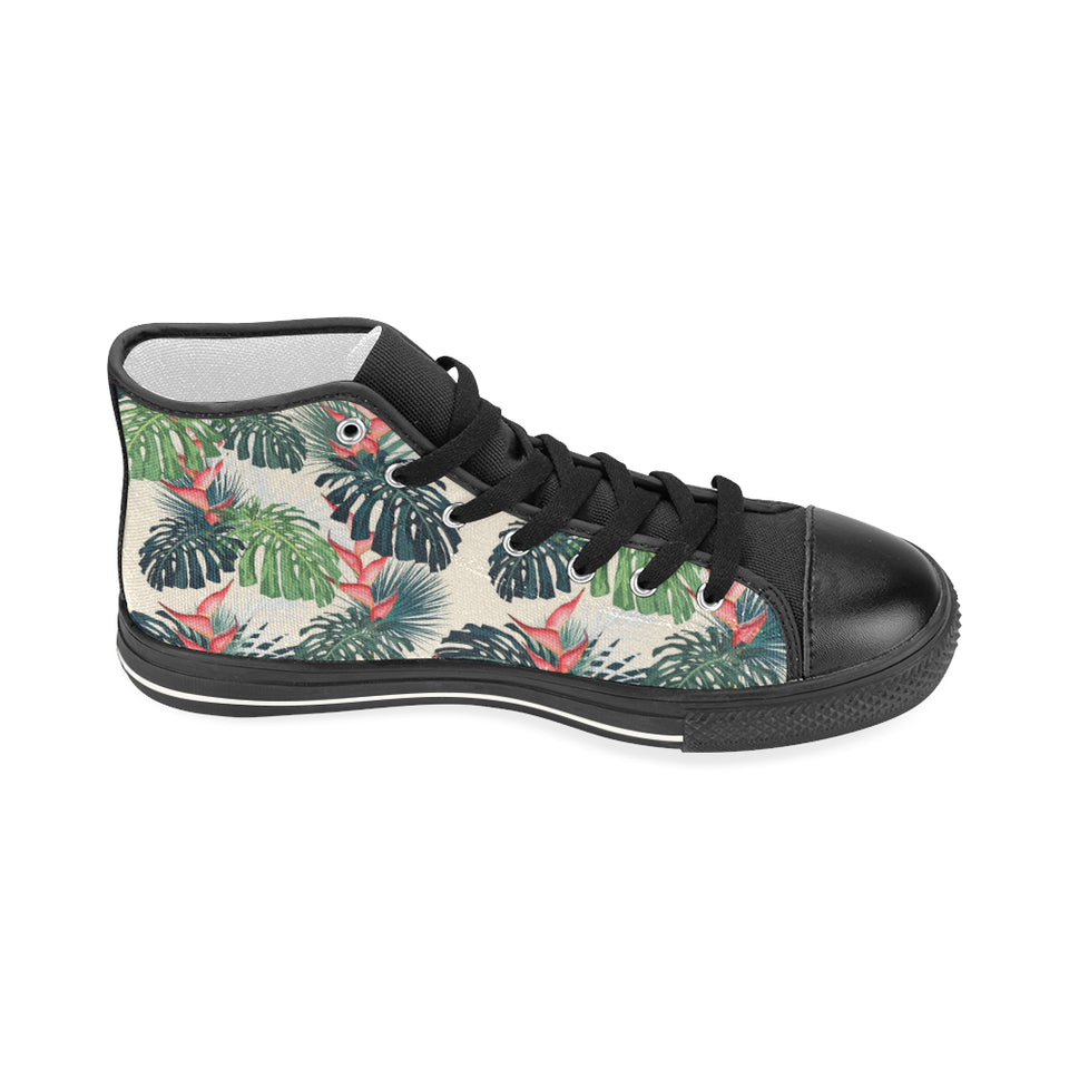 heliconia flowers, palm and monstera leaves Women's High Top Canvas Shoes Black