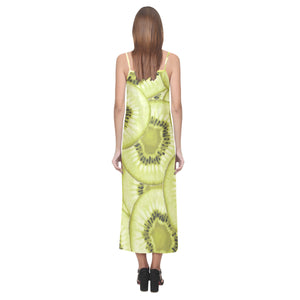 Sliced kiwi pattern V-Neck Open Fork Long Dress