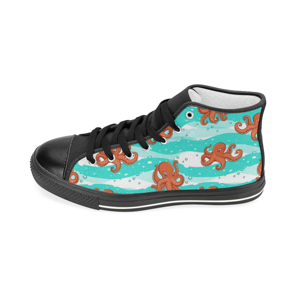 Octopuses sea wave background Women's High Top Canvas Shoes Black