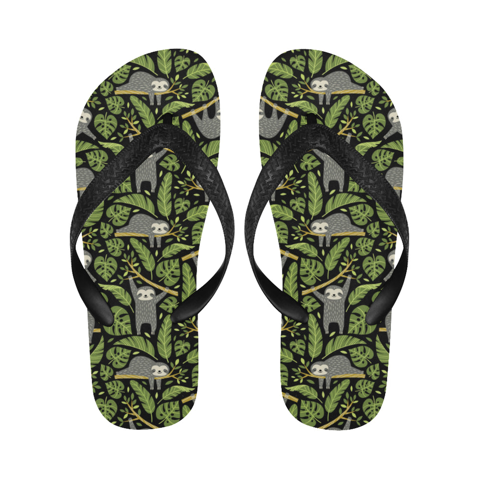 Cute sloths tropical palm leaves black background Unisex Flip Flops