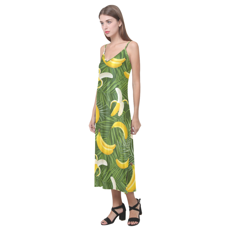 Banana Palm Leaves pattern V-Neck Open Fork Long Dress