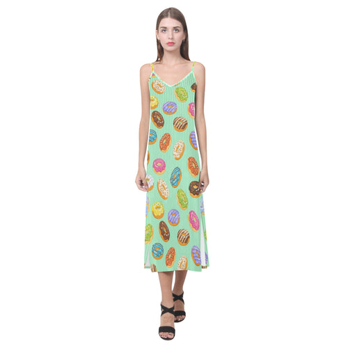 Colorful donut pattern green background V-Neck Open Fork Long Dress