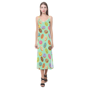 Colorful donut pattern green background V-Neck Open Fork Long Dress