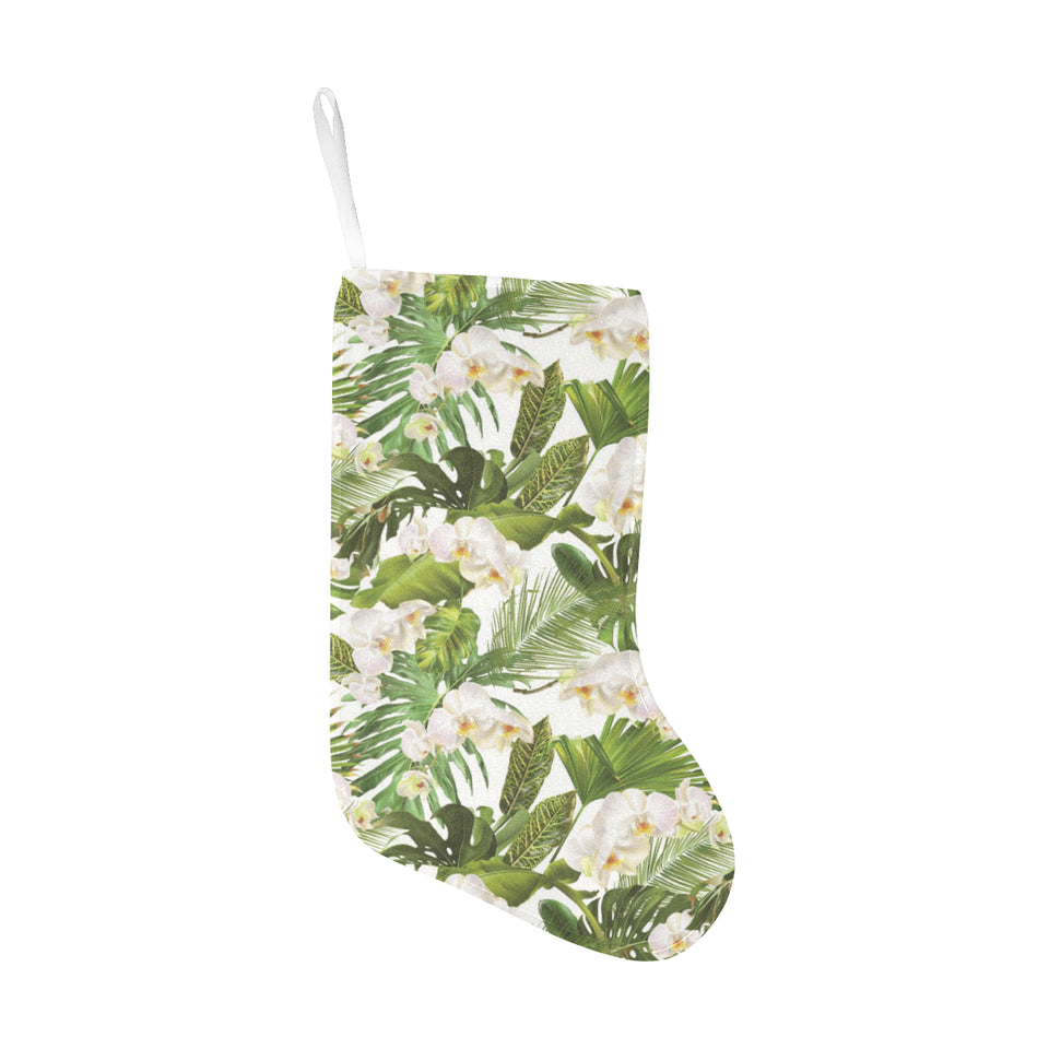 White orchid flower tropical leaves pattern Christmas Stocking